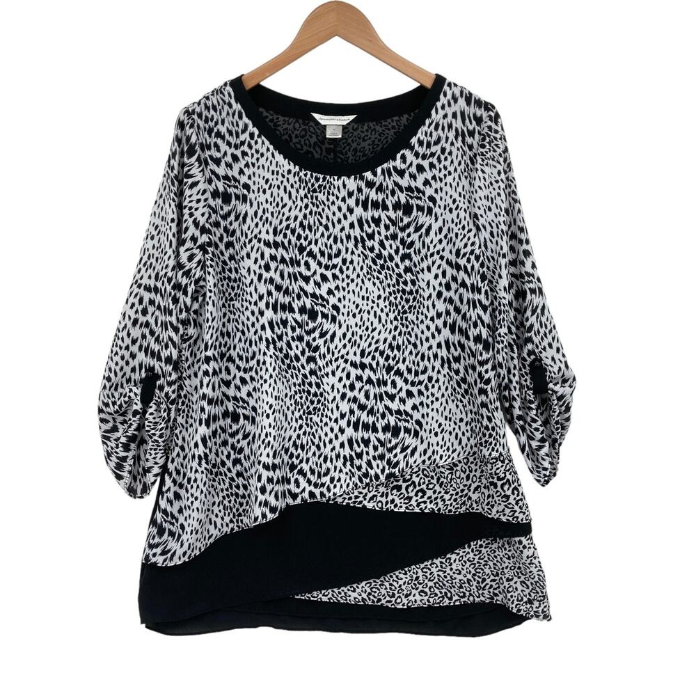Christopher & Banks Blouse Women Medium White Black Animal Print Roll Tab Sleeve